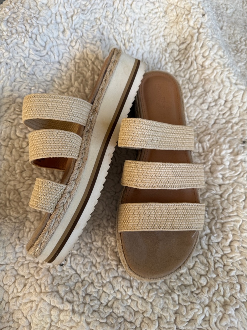 Beige Triple-Strap Espadrille Slide Sandals